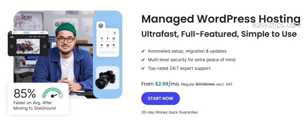 SiteGround 提供的 WordPress 主機方案起價為 $2.99/月