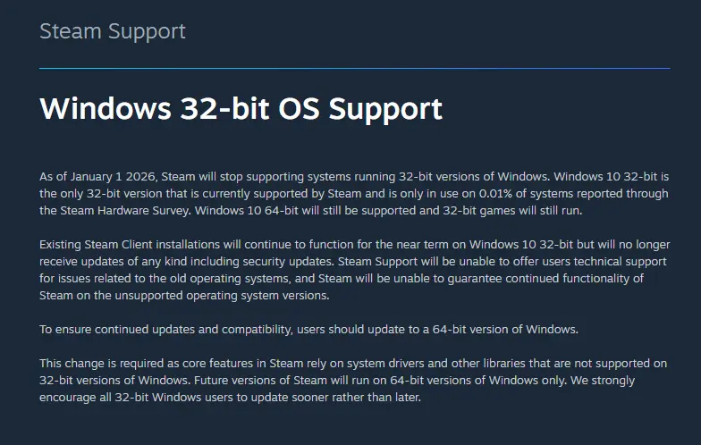 Steam 正式告別 32 位元時代!2026 年起停止支援,雖然只影響 0.01% 玩家,但你該知道這幾件事