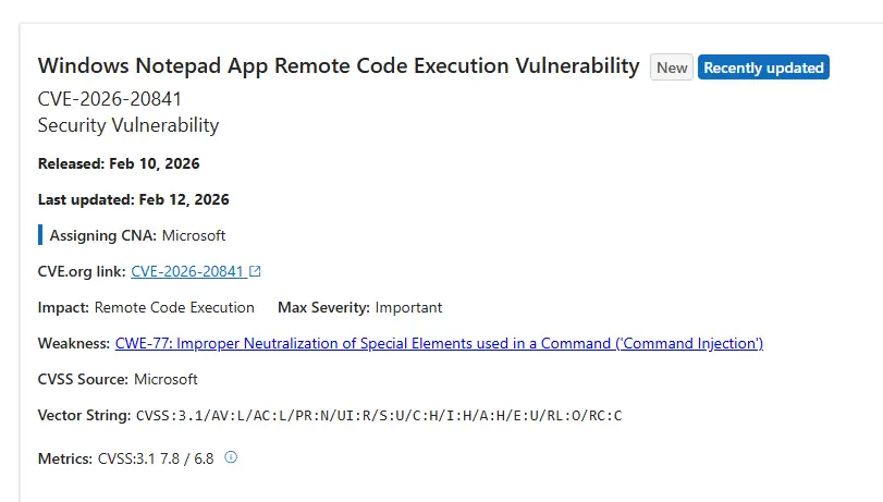 Windows 11 記事本漏洞 (CVE-2026-20841),點擊 Markdown 連結恐觸發程式!
