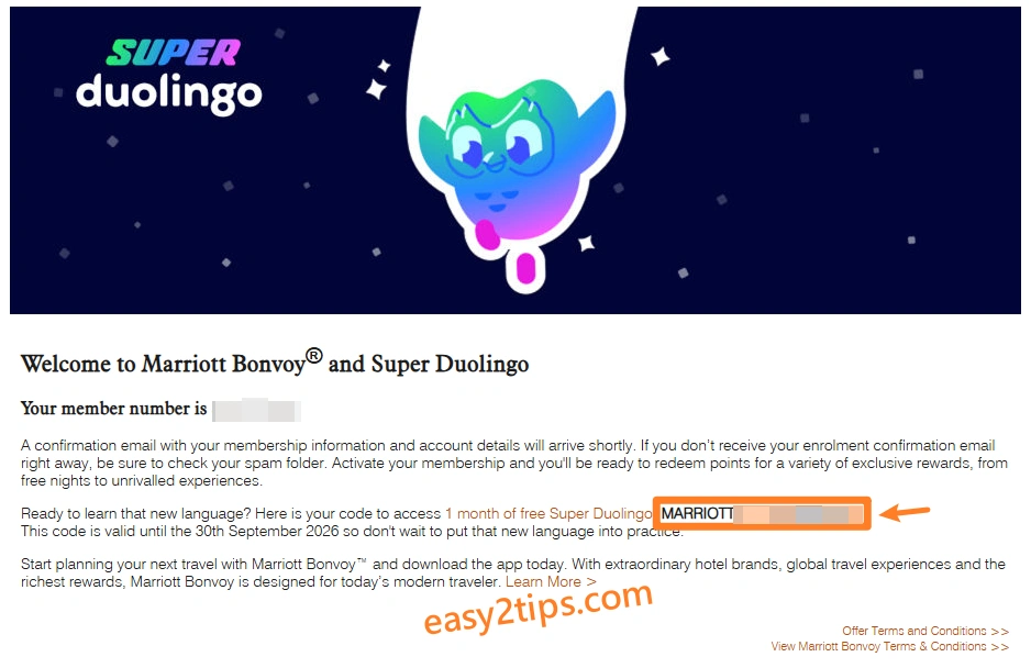 Marriott Bonvoy 註冊會員送免費一個月 Super Duolingo 序號,2026 年 9 月底前有效